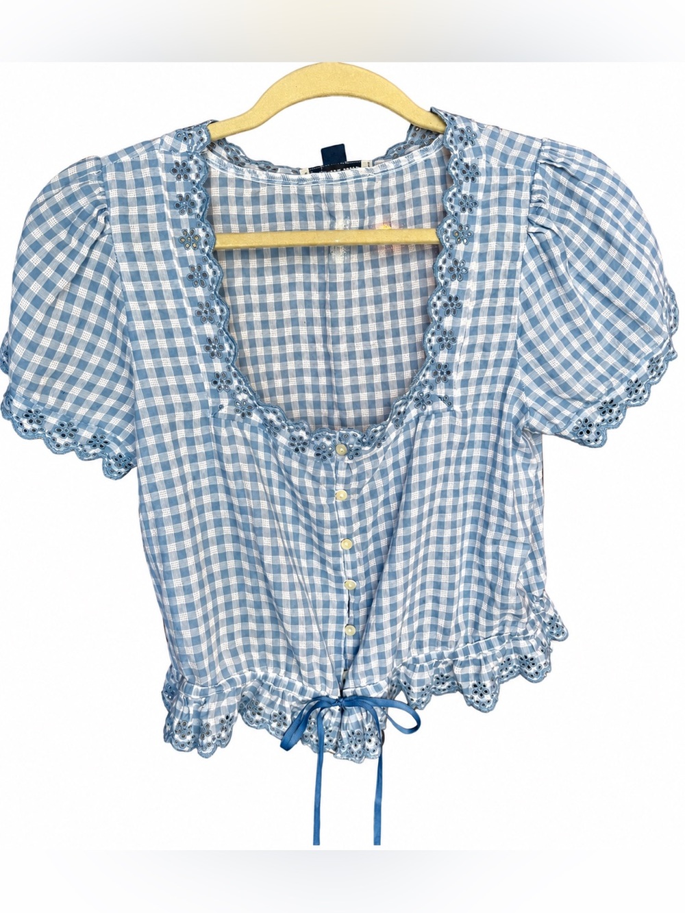 Blue Gingham Puff Sleeve Eyelet Lace Peplum Blouse Cottagecore